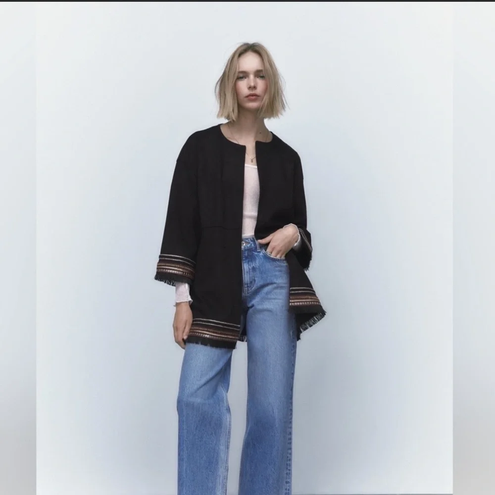 ZARA Combination Faux Suede Embroidered Fringe Hem Jacket Black